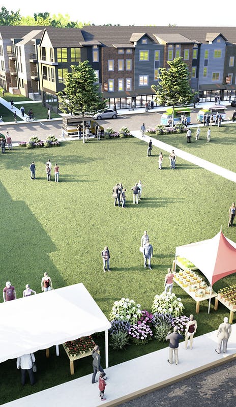 overhead rendering of open green space with farmers market